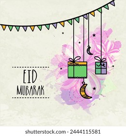Elegant greeting card with hanging gifts and crescent moons on floral decorated background for Islamic Famous Festival, Eid celebration.