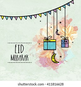 Elegant greeting card with hanging gifts and crescent moons on floral decorated background for Islamic Famous Festival, Eid celebration.