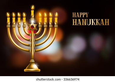 Elegant greeting card for Happy Hanukkah, jewish holiday. Hanukkah golden menorah with burning candles on blurred night background. Vector illustration.