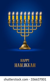 Elegant greeting card for Happy Hanukkah, jewish holiday. Hanukkah golden menorah with burning candles on blue background. Vector illustration.