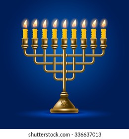 Elegant greeting card for Happy Hanukkah, jewish holiday. Hanukkah golden menorah with burning candles on blue background. Vector illustration.