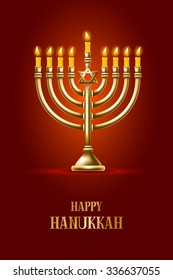 Elegant greeting card for Happy Hanukkah, jewish holiday. Hanukkah golden menorah with burning candles on red background. Vector illustration.