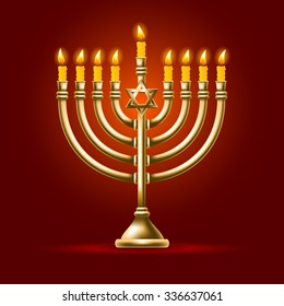 Elegant greeting card for Happy Hanukkah, jewish holiday. Hanukkah golden menorah with burning candles on red background. Vector illustration.