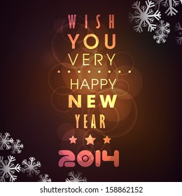 Elegant Greeting card for Happy New Year 2014 with golden text on snowflakes decorated brown background. 