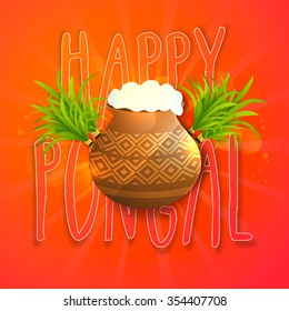 Elegant greeting card with illustration of mud pot, full of rice for South Indian harvesting festival, Happy Pongal celebration.