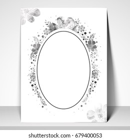 Elegant Greeting Card or Invitation Card with oval shaped frame and grey floral elements decoration.