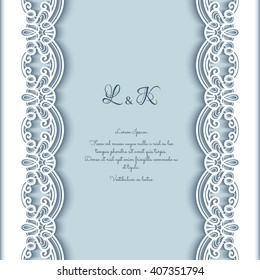 Elegant greeting card with lace border decoration, cutout paper background, wedding invitation or announcement template, eps10 vector illustration