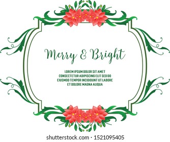 Elegant greeting card merry and bright, with decoration of nature green leaf flower frame. Vector