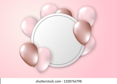 Elegant greeting card with realistic monochrome balloons and paper banner. Template for a banner, poster, notebook, invitation. Vector illustration for your design