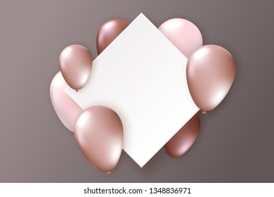 Elegant greeting card with realistic monochrome balloons and paper banner. Template for a banner, poster, notebook, invitation. Vector illustration for your design