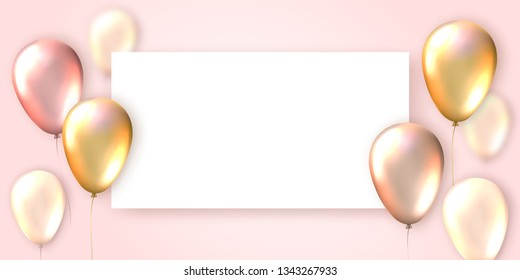 Elegant greeting card with realistic shiny flying balloons and paper banner. Template for a poster, notebook, invitation. Vector illustration for your design