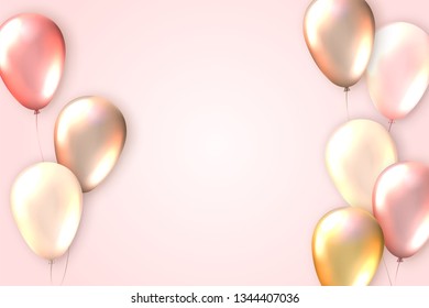 Elegant greeting card with realistic shiny flying balloons and copy space. Template for a banner, poster, notebook, invitation. Vector illustration for your design