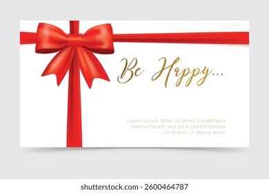 Elegant greeting card with a red ribbon bow and golden "Be Happy" text on a white background. Perfect for celebrations, gifts, invitations, and festive occasions.