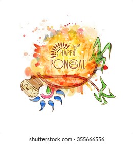 Elegant greeting card with sugarcanes and mud pot for South Indian harvesting festival, Happy Pongal celebration.
