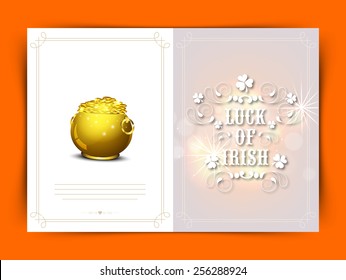 Elegant greeting card with text Luck of Irish and glossy golden pot full of coins for Happy St. Patrick's Day celebration.
