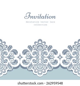 Elegant greeting card or wedding invitation template with lace border ornament, vector lacy background