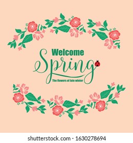 Elegant greeting card for welcome spring, with seamless ornate of leaf and floral frame. Vector