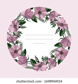 Elegant greeting card with wild roses. Postcard with pink flowers. Wedding vector design. Color floral poster.