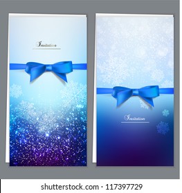 Elegant greeting cards with blue bows and copy space. Vector illustration