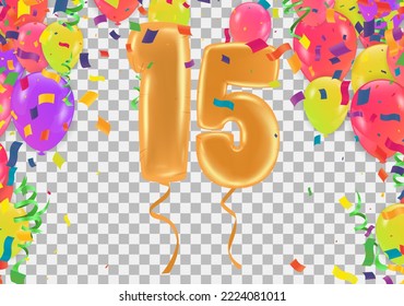 Elegant Greeting celebration 15 birthday  Happy birthday, congratulations poster. Balloons numbers with sparkling confetti. Vector