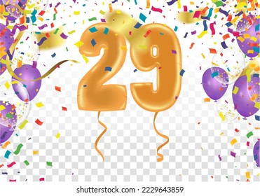 Elegant Greeting celebration 29 birthday  Happy birthday, congratulations poster. Balloons numbers with sparkling confetti. Vector