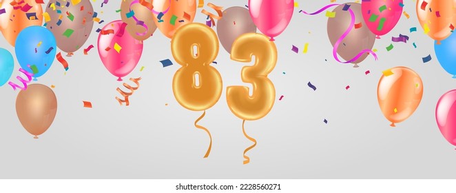 Elegant Greeting celebration 83 birthday  Happy birthday, congratulations poster. Balloons numbers with sparkling confetti. Vector svg
