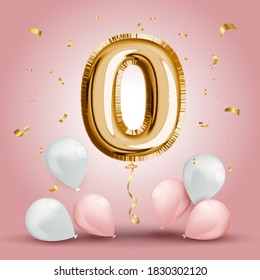 Elegant Greeting celebration birthday Anniversary number 0 zero foil gold balloon. Happy birthday, congratulations poster. Golden numbers with sparkling golden confetti. Vector background