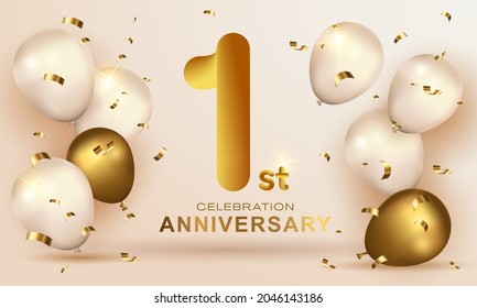 Elegant Greeting celebration birthday Anniversary number 1 one gold. Happy birthday, Happy birthday, congratulations poster. Golden numbers with sparkling golden confetti. Vector background