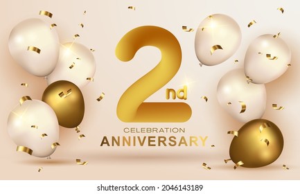Elegant Greeting celebration birthday Anniversary number 2 two gold. Happy birthday, Happy birthday, congratulations poster. Golden numbers with sparkling golden confetti. Vector background