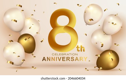 Elegant Greeting celebration birthday Anniversary number 8 eight gold. Happy birthday, Happy birthday, congratulations poster. Golden numbers with sparkling golden confetti. Vector background