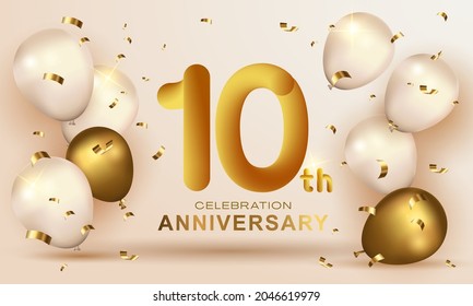 Elegant Greeting celebration birthday Anniversary number 10 ten gold. Happy birthday, Happy birthday, congratulations poster. Golden numbers with sparkling golden confetti. Vector background