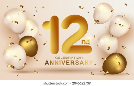 Elegant Greeting celebration birthday Anniversary number 12 twelve gold. Happy birthday, Happy birthday, congratulations poster. Golden numbers with sparkling golden confetti. Vector background