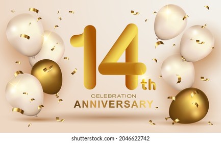 Elegant Greeting celebration birthday Anniversary number 14 Fourteen gold. Happy birthday, Happy birthday, congratulations poster. Golden numbers with sparkling golden confetti. Vector background