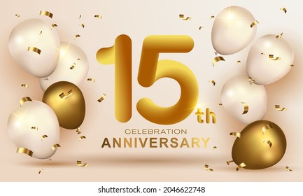 Elegant Greeting celebration birthday Anniversary number 15 fifteen gold. Happy birthday, Happy birthday, congratulations poster. Golden numbers with sparkling golden confetti. Vector background