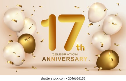 Elegante Grußfeier Geburtstag Jubiläum Nr. 17 Gold. Herzlichen Glückwunsch zum Geburtstag, Glückwunsch zum Geburtstag, Glückwunsch zum Poster. Goldene Zahlen mit glitzernden goldenen Konfetti. Vektorhintergrund