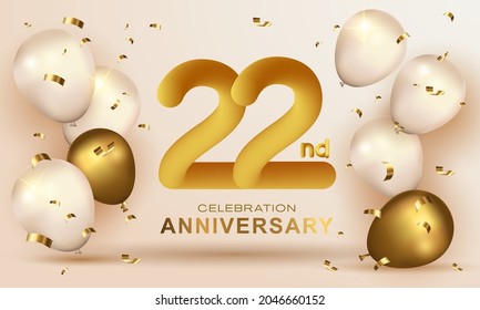 Elegant Greeting celebration birthday Anniversary number 22 twenty two gold. Happy birthday, Happy birthday, congratulations poster. Golden numbers with sparkling golden confetti. Vector background