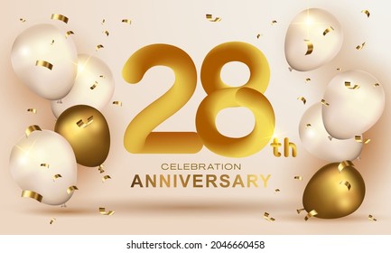 Elegant Greeting celebration birthday Anniversary number 28 twenty eight gold. Happy birthday, Happy birthday, congratulations poster. Golden numbers with sparkling golden confetti. Vector background