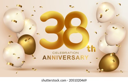 Elegant Greeting celebration birthday Anniversary number 38 thirty eight gold gold. Happy birthday, Happy birthday, congratulations poster. Golden numbers with sparkling golden confetti. Vector 