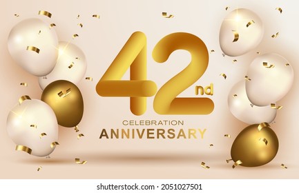 Elegant Greeting celebration birthday Anniversary number 42 forty two gold gold. Happy birthday, Happy birthday, congratulations poster. Golden numbers with sparkling golden confetti. Vector 