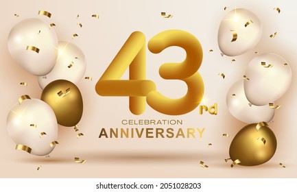 Elegant Greeting celebration birthday Anniversary number 43 forty three gold gold. Happy birthday, Happy birthday, congratulations poster. Golden numbers with sparkling golden confetti. Vector 