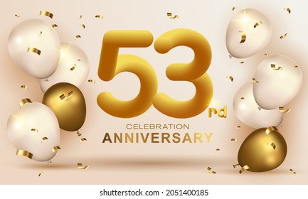 Elegant Greeting celebration birthday Anniversary number 53 fifty three gold. Happy birthday, Happy birthday, congratulations poster. Golden numbers with sparkling golden confetti. Vector background