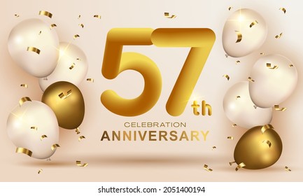 Elegant Greeting celebration birthday Anniversary number 57 fifty seven gold. Happy birthday, Happy birthday, congratulations poster. Golden numbers with sparkling golden confetti. Vector background