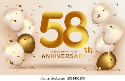 Elegant Greeting celebration birthday Anniversary number 58 fifty eight gold. Happy birthday, Happy birthday, congratulations poster. Golden numbers with sparkling golden confetti. Vector background