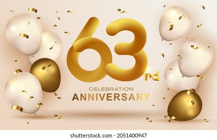 Elegant Greeting celebration birthday Anniversary number 63 sixty three gold. Happy birthday, Happy birthday, congratulations poster. Golden numbers with sparkling golden confetti. Vector background