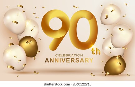 Elegant Greeting celebration birthday Anniversary number 90 ninety gold. Happy birthday, Happy birthday, congratulations poster. Golden numbers with sparkling golden confetti. Vector background