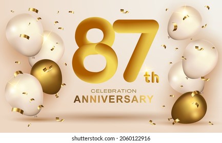 Elegant Greeting celebration birthday Anniversary number 87 eighty seven gold. Happy birthday, Happy birthday, congratulations poster. Golden numbers with sparkling golden confetti. Vector background