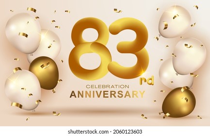 Elegant Greeting celebration birthday Anniversary number 83 eighty three gold. Happy birthday, Happy birthday, congratulations poster. Golden numbers with sparkling golden confetti. Vector background svg
