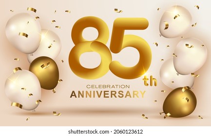 Elegant Greeting celebration birthday Anniversary number 85 eighty five gold. Happy birthday, Happy birthday, congratulations poster. Golden numbers with sparkling golden confetti. Vector background