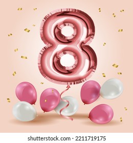 Elegant Greeting celebration eight years birthday. Anniversary number 8 foil rose gold balloon. Happy birthday, congratulations poster. Rose Gold number with sparkling golden confetti. Vector 