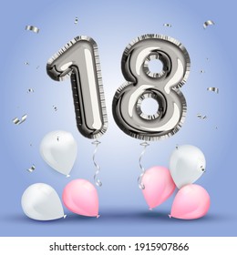 Elegante celebración de Saludos dieciocho años de cumpleaños. Aniversario número 18 globo de plata. Afiche de felicitaciones de feliz cumpleaños. Números plateados con confeti plateado brillante. Fondo del vector